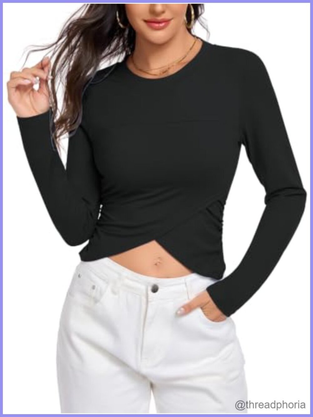 Women's Long Sleeve Cross Wrap Crop Top Crewneck Slim Fit Casual